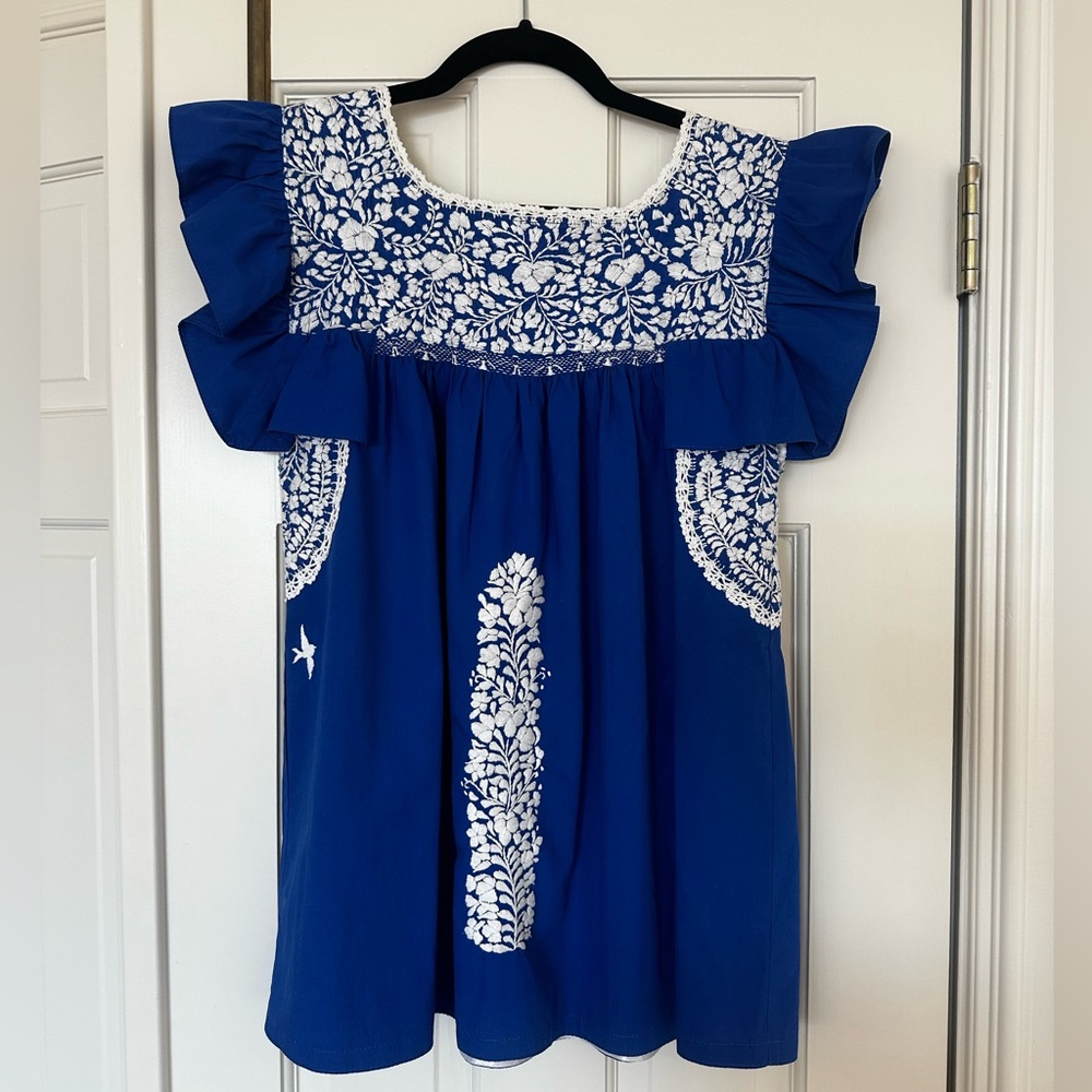 Mi Golondrina Blue and White Soledad Embroidered Blouse